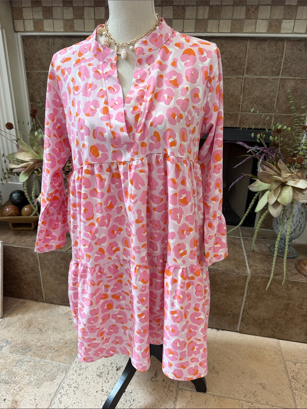 Michelle McDowell Pink/Orange Flowy Tiered Dress leopard sz Large